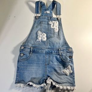 Epic Thread Girls Crochet Detail Denim Shortall Adjustable buckle straps